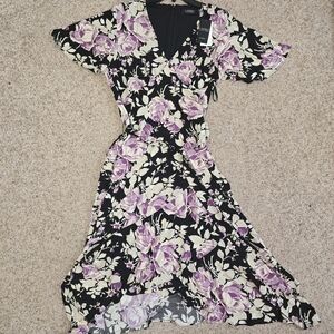 Ralph Lauren Floral Black Purple and Cream Dress - size 16
